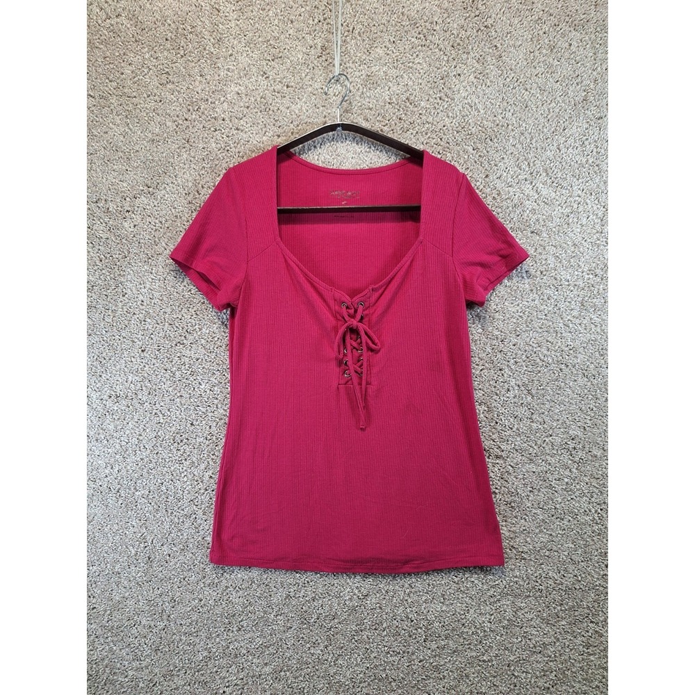 Torrid Lace Up Top Womens 0 Pink‎ Stretch Super Soft Ribbed Fuchsia Deep V Neck
